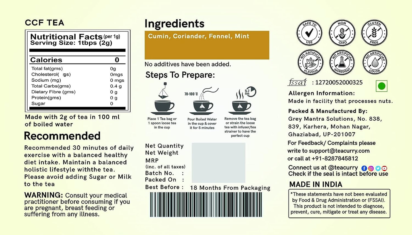 Teacurry CCF Tea - Cumin Coriander Fennel Tea - 30 teabags