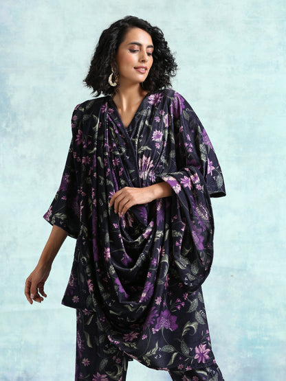trueBrowns Black Printed Velvet Shawl