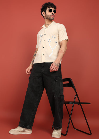Fabmade Men’S Beige Linen Embroidered Resort Shirt