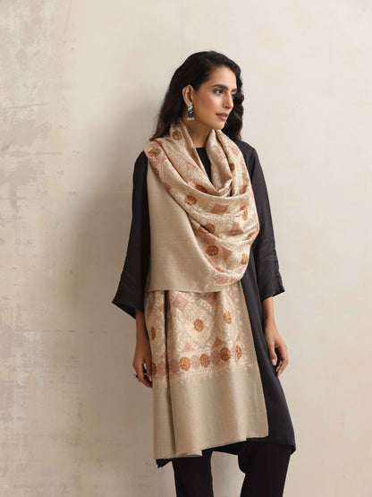 trueBrowns Beige Geometric Embroidered Woollen Stole