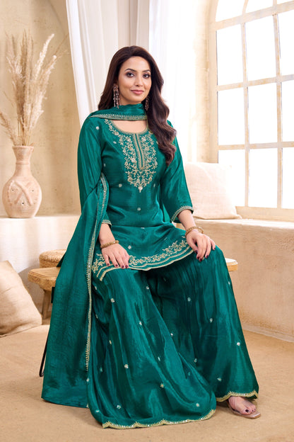 Anaita Teal Chiffon Readymade Suit with Coding Work