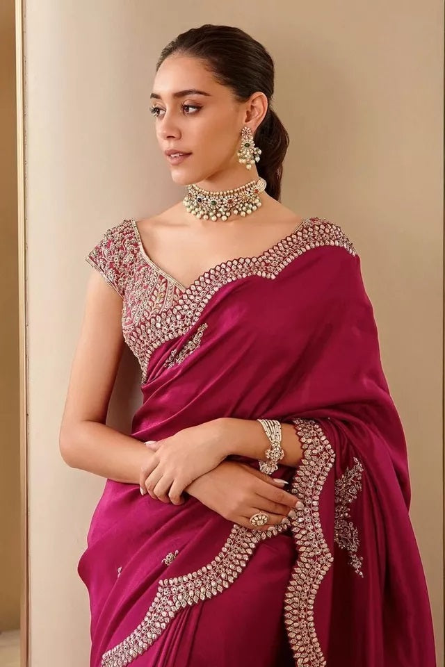 Wedding Pure Soft Glooming Vichitra Silk Saree,Traditional Sari & Blouse