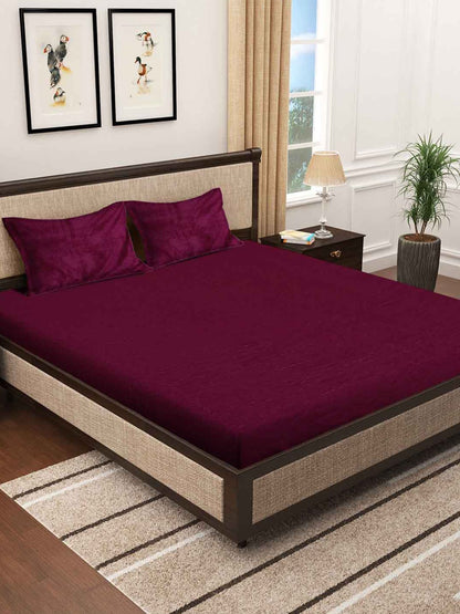 KLOTTHE Maroon 300 TC Woolen Fitted Double King Bedsheet With 2 Pillow Covers