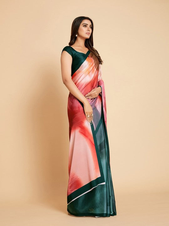 Sangria Peach-Coloured & Blue Satin Ready to Wear Saree