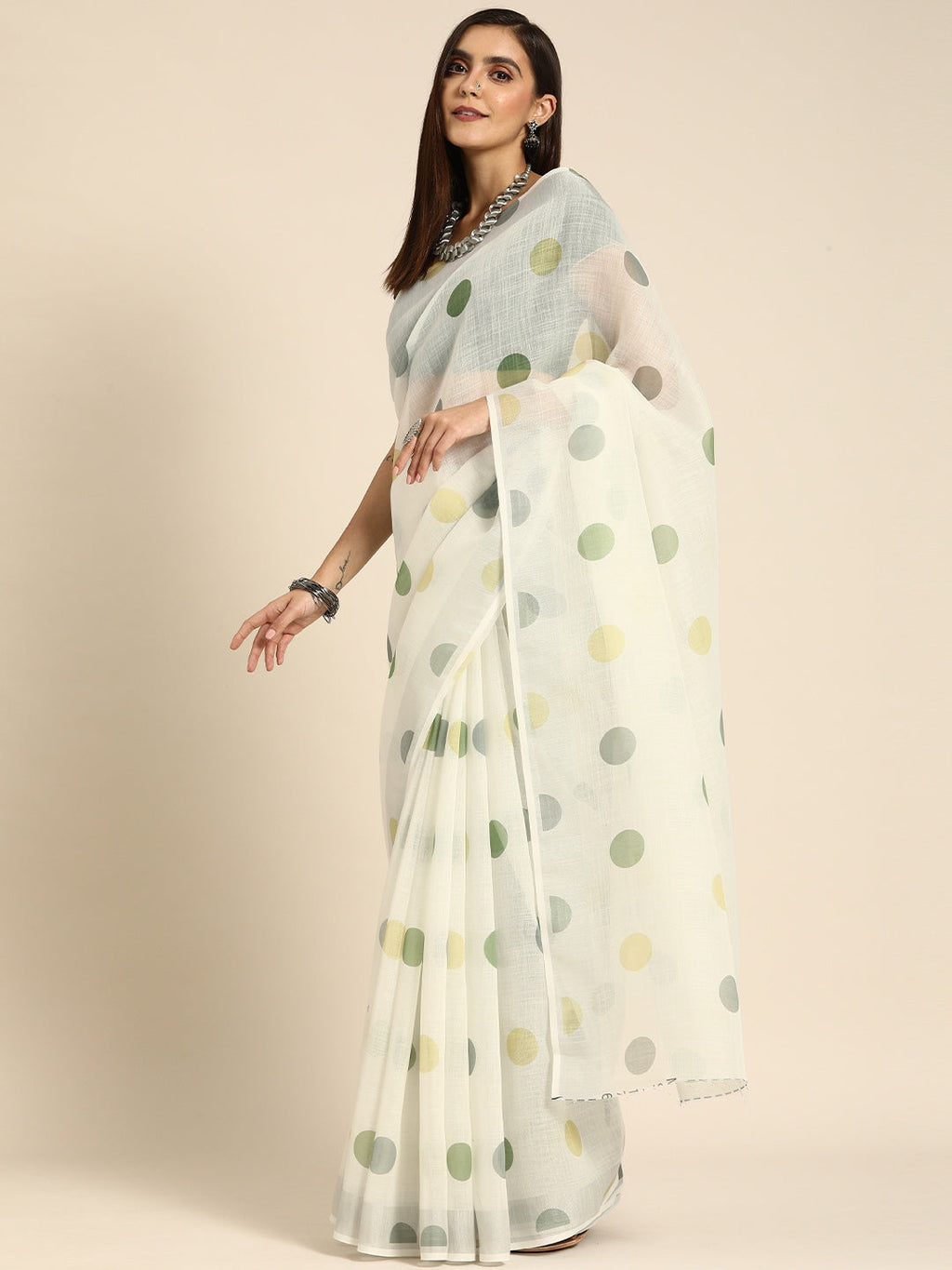 Anouk Off White & Green Linen Blend Printed Bhagalpuri Saree