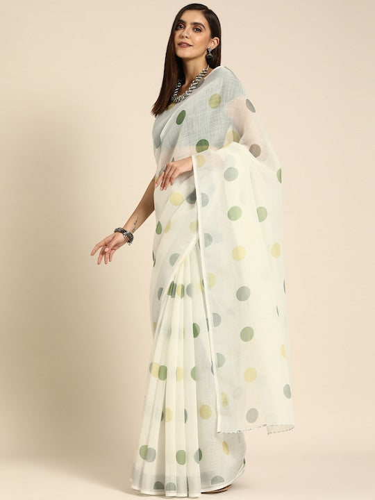 Anouk Off White & Green Linen Blend Printed Bhagalpuri Saree
