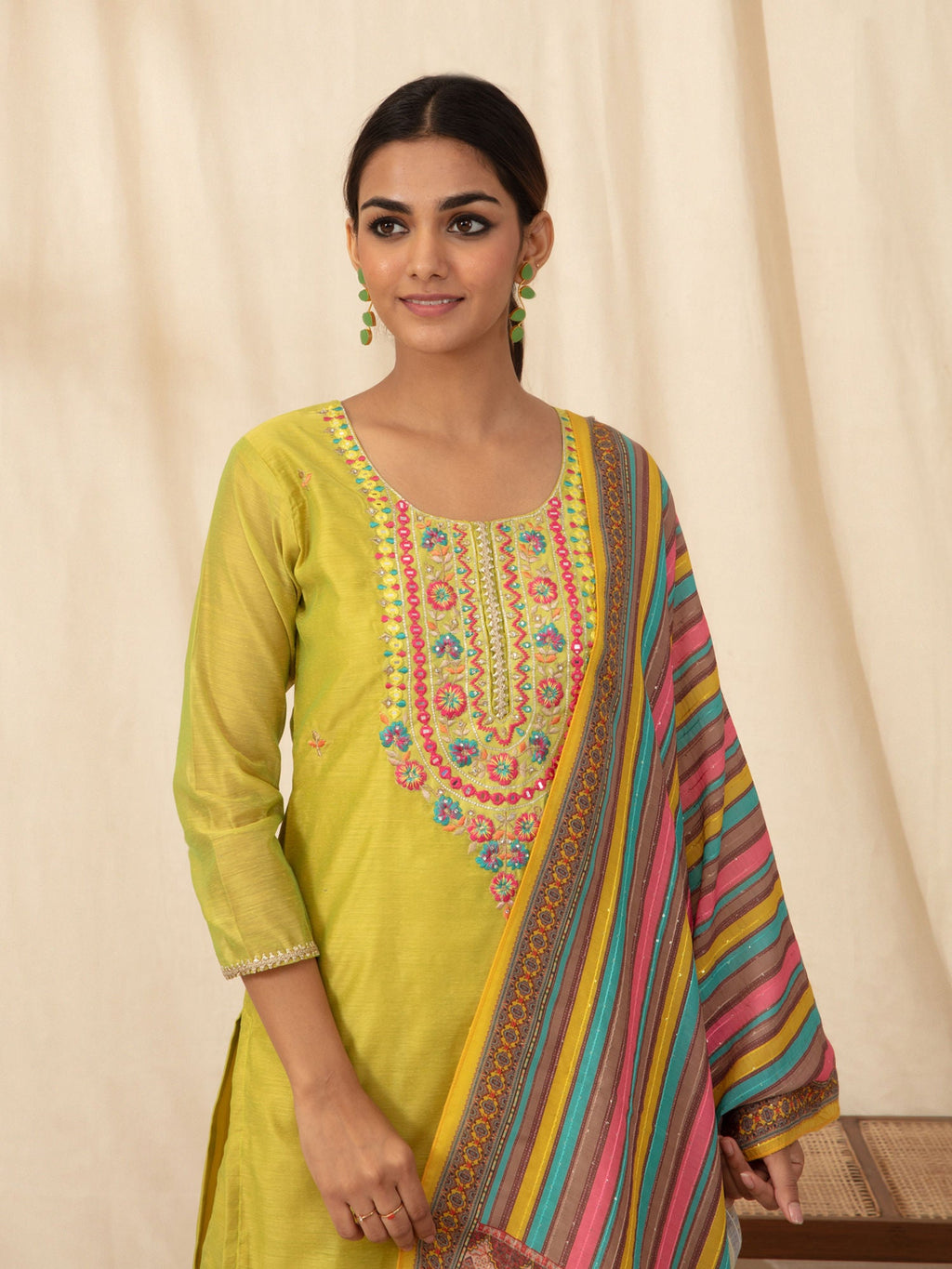 Likha Lime Embroidered Neck Kurta Pant Set with Printed Dupatta LIKSKD81 (Set of 3)