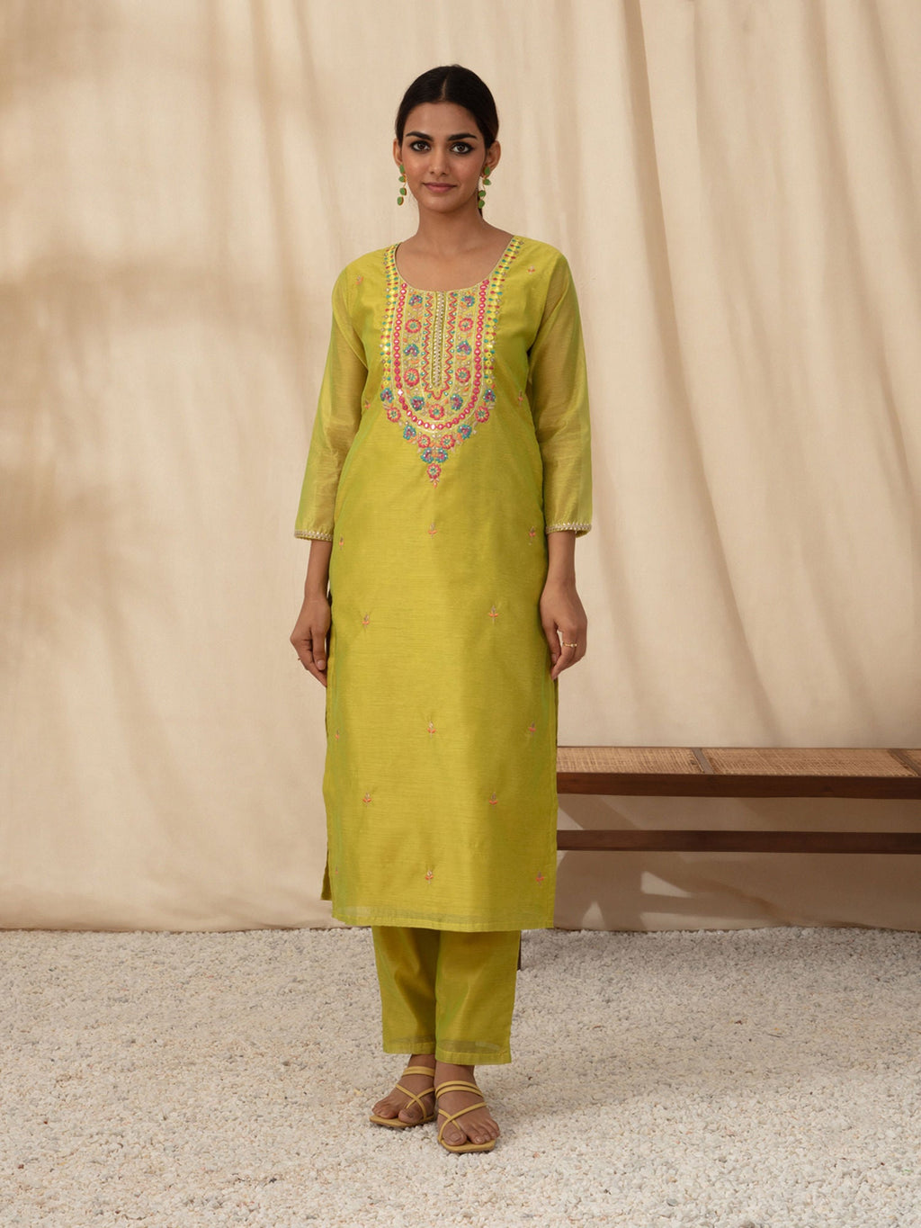 Likha Lime Embroidered Neck Kurta Pant Set with Printed Dupatta LIKSKD81 (Set of 3)