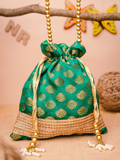 NR By Nidhi Rathi Green & Gold-Toned Banarasi Printed Potli Clutch