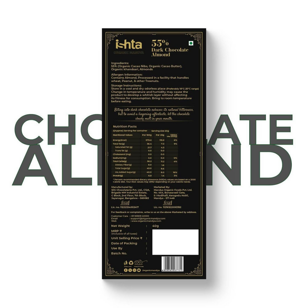 Organic Mandya 55% Dark chocolate with Almonds