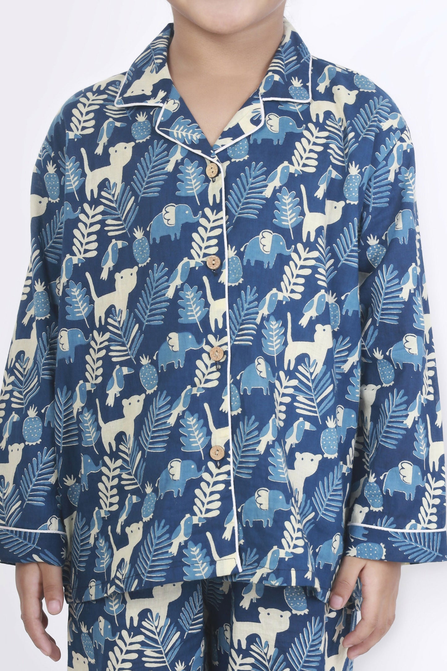Breathables Kids Cotton Night Suit – Blue Jungle Print Shirt & Pyjama Co-Ord Set For Boys & Girls