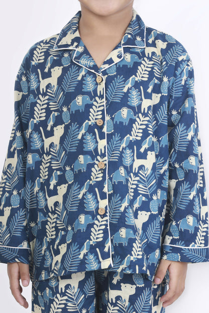 Breathables Kids Cotton Night Suit – Blue Jungle Print Shirt & Pyjama Co-Ord Set For Boys & Girls