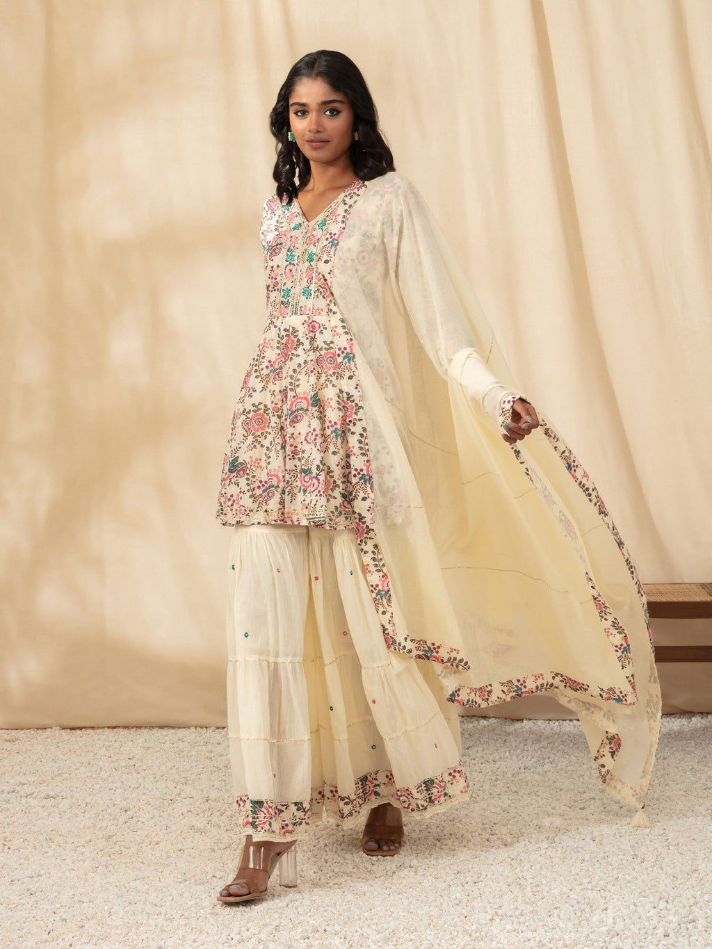 Likha Off White Printed Kurta Sharara Dupatta with Gota Lace LIKSKD65 (Set of 3)