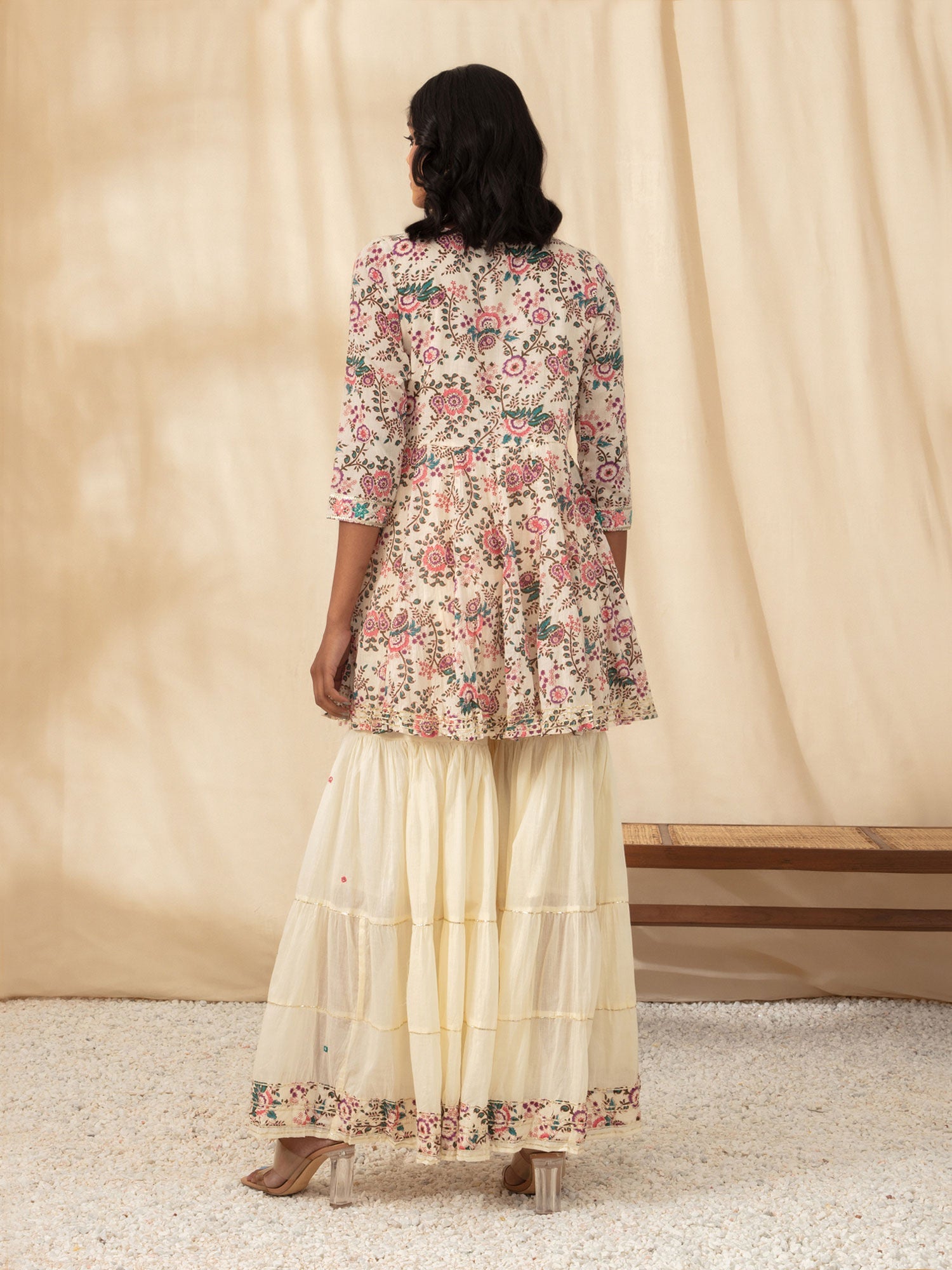 Likha Off White Printed Kurta Sharara Dupatta with Gota Lace LIKSKD65 (Set of 3)