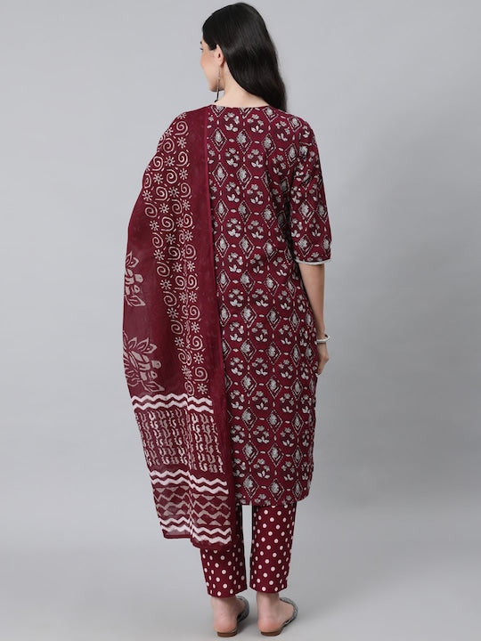 Anubhutee Women Maroon Ethnic Motifs Thread Work Pure Cotton Kurta with Trousers & With Dupatta