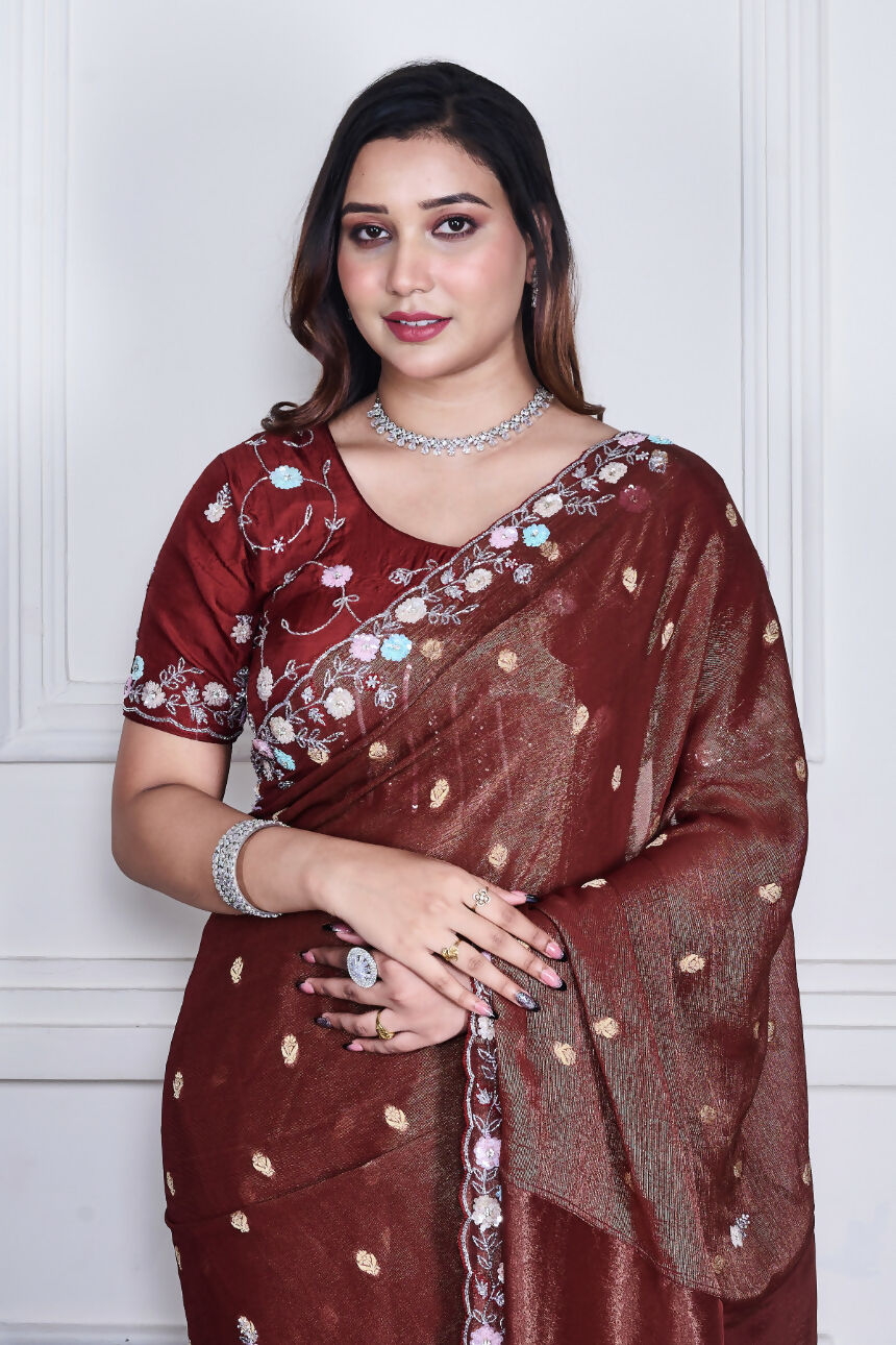 Morchari Brown Pure Chiffon Hand Embroidery Saree And Stitched Blouse