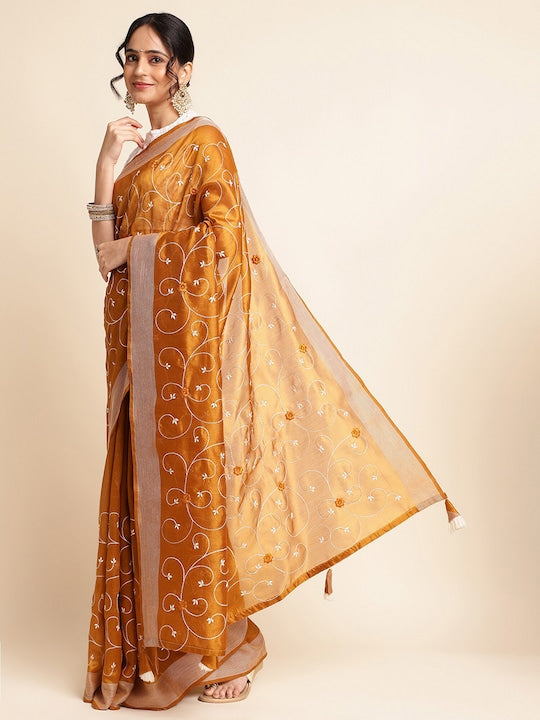Fabmora Floral Embroidered Zari Saree