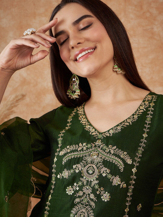 Sangria Floral Embroidered V-Neck Sequinned Straight Kurta With Trousers & Dupatta