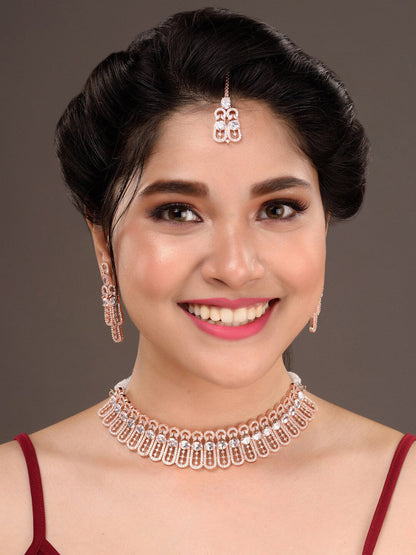 Saraf RS Jewellery Rose Gold-Polished White AD Studded Jewellery Set With Maang Tika