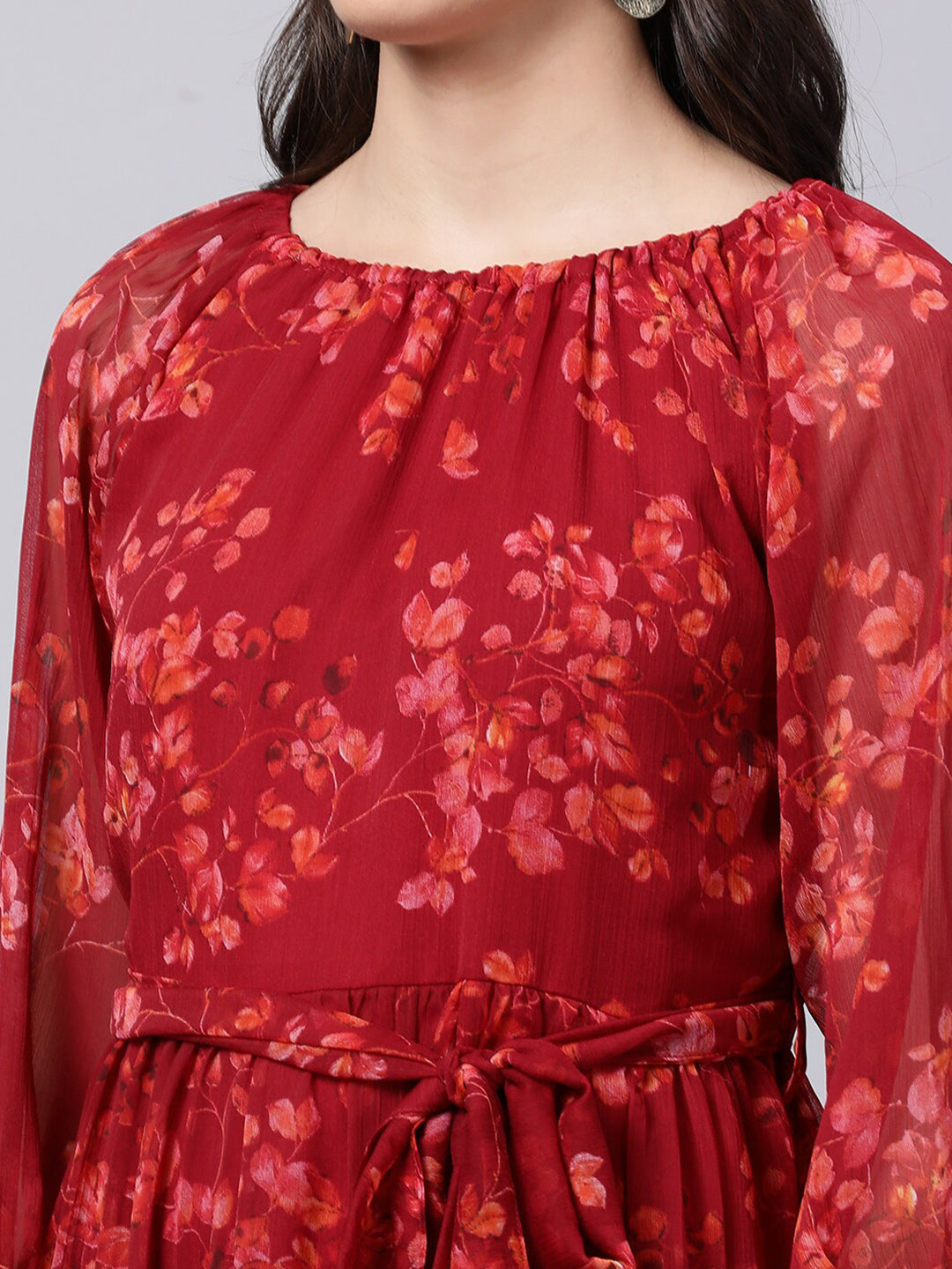 Souchii Maroon Floral Layered Chiffon A-Line Midi Dress