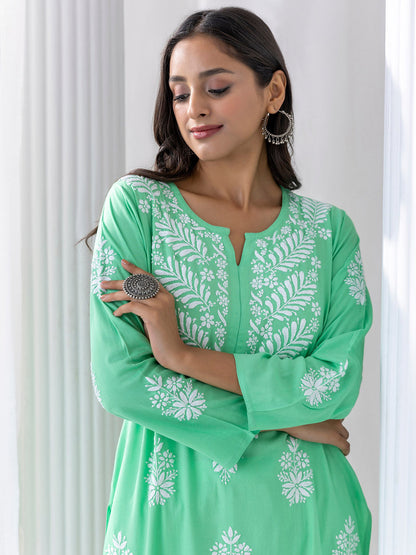 HOUSE OF KARI Floral Embroidered Chikankari A-Line Kurta