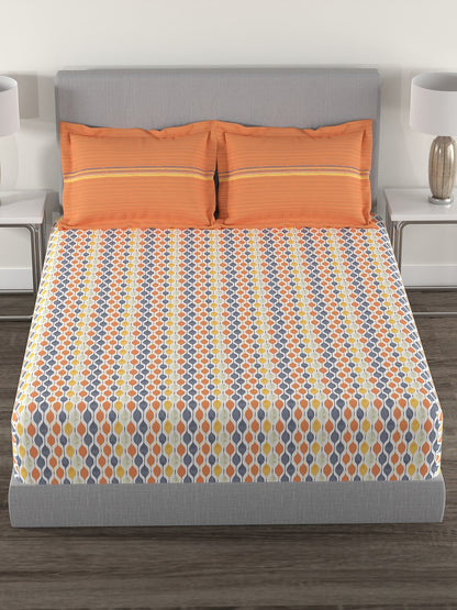 MYTRIDENT Orange White Geometric Cotton 144 TC Queen Bedsheet With 2 Pillow Covers