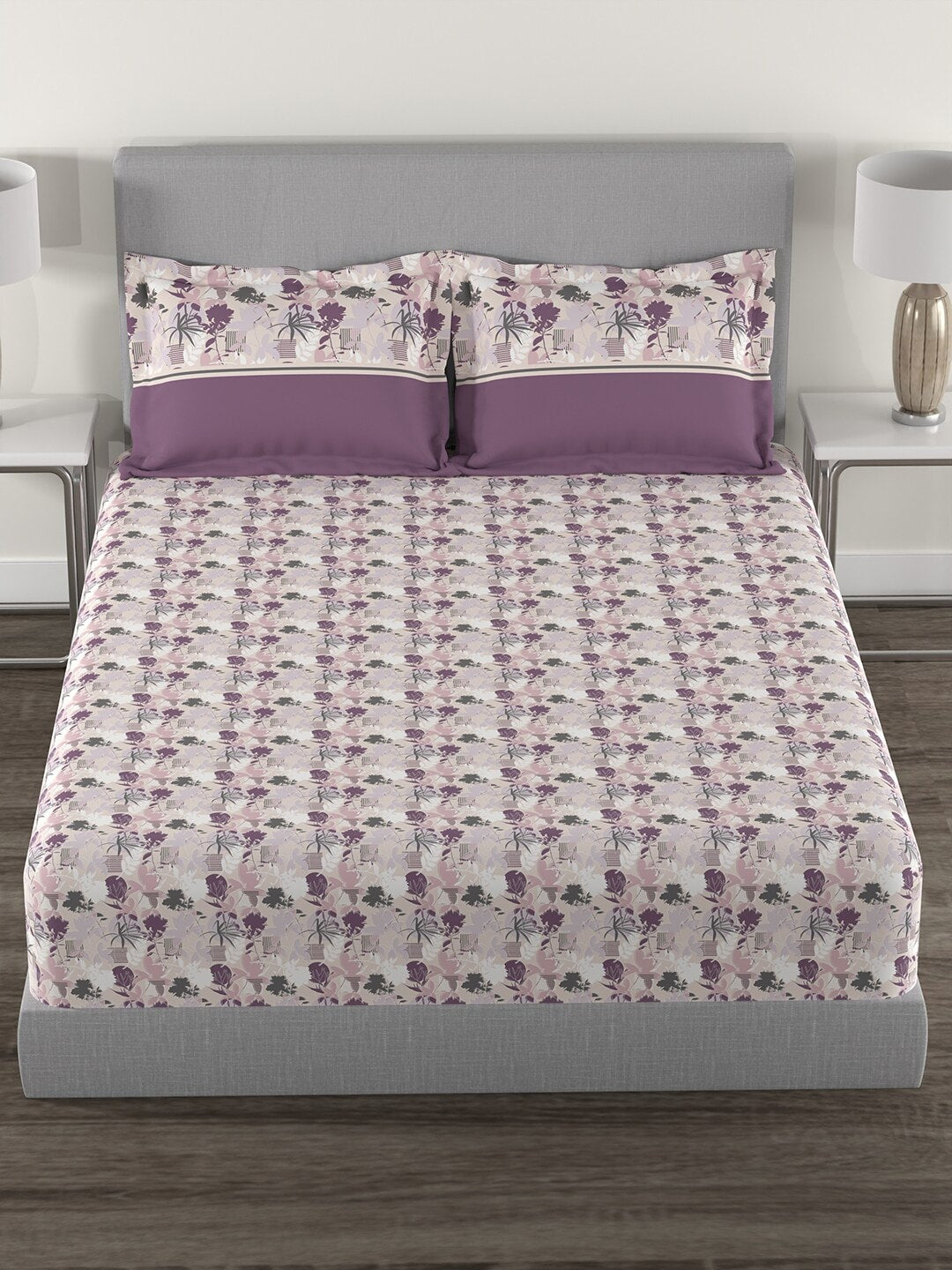 MYTRIDENT Mauve White Floral Cotton 144 TC Queen Bedsheet With 2 Pillow Covers