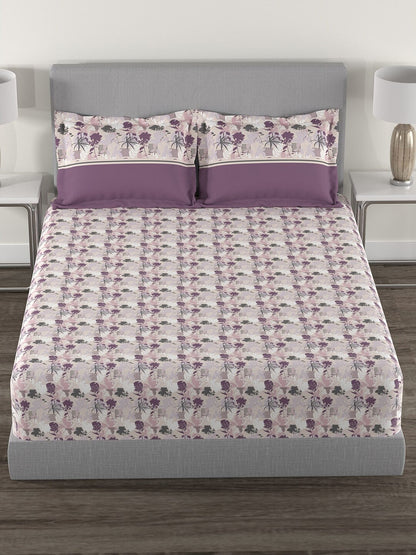 MYTRIDENT Mauve White Floral Cotton 144 TC Queen Bedsheet With 2 Pillow Covers