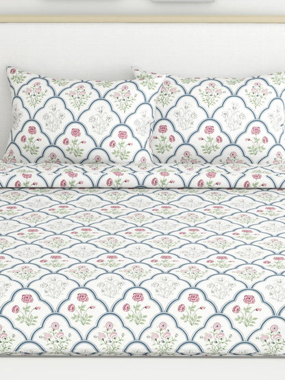 haus & kinder Blue & White Ethnic Motifs 186 TC King Bedsheet with 2 Pillow Covers