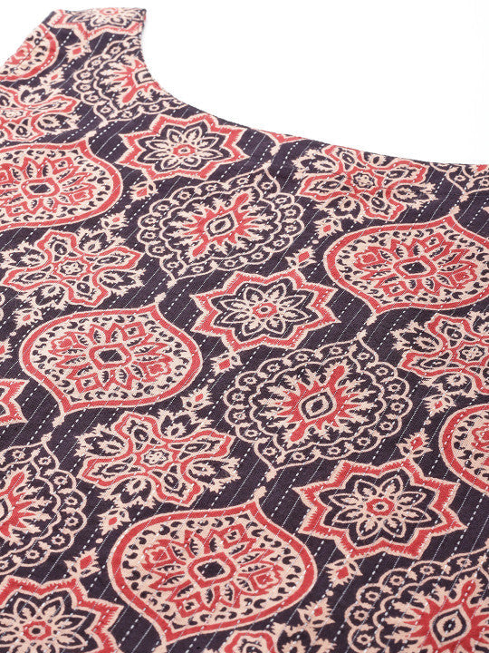 Anayna Women Ethnic Motifs Printed Kantha Work Dobby Kurta