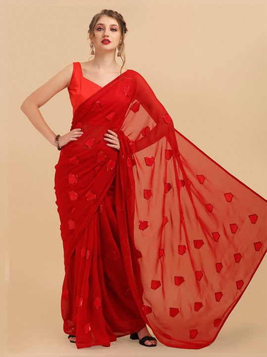 Sangria Red Sequinned Pure Georgette Saree