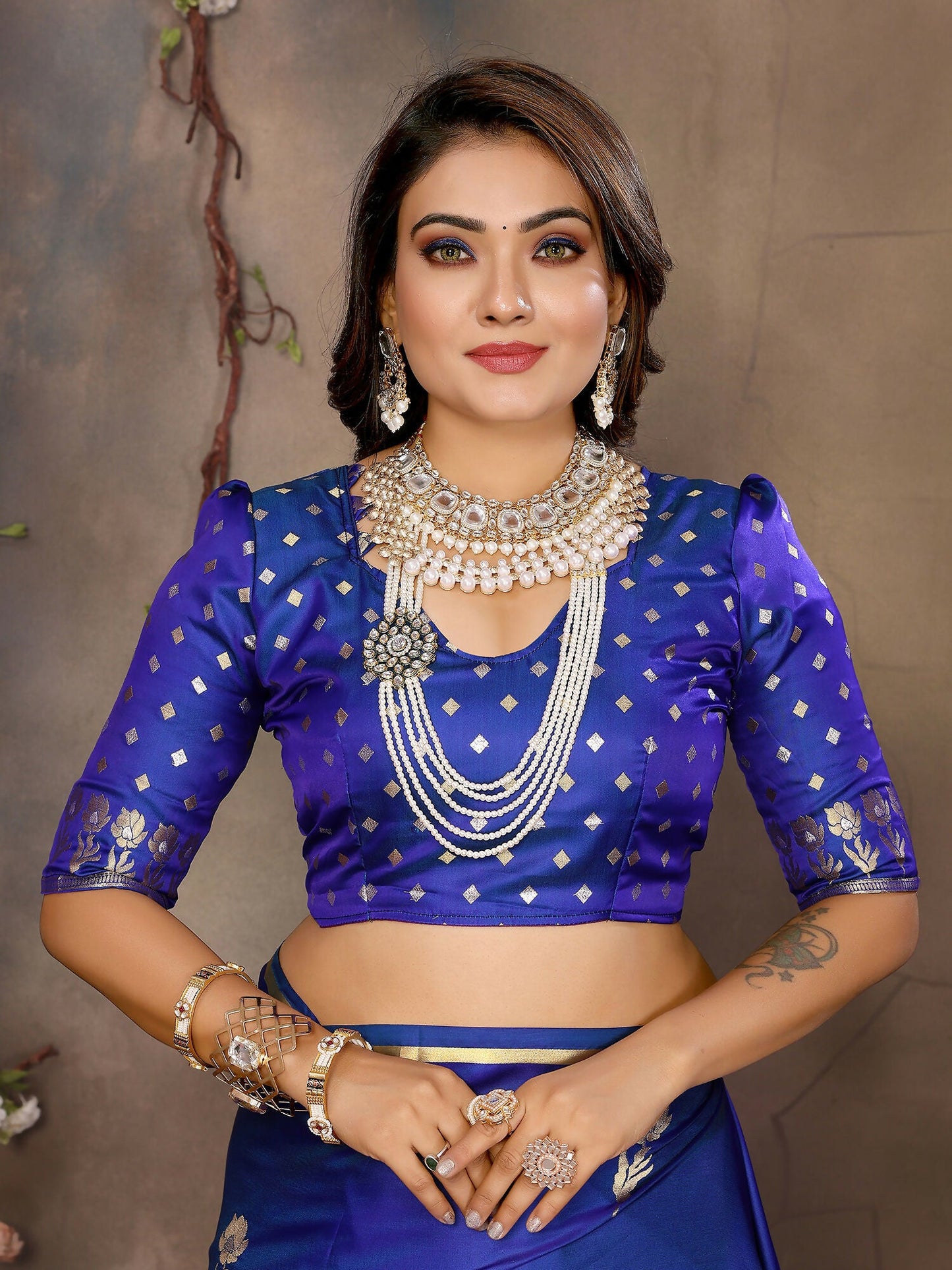 Joban Fashion Royal Blue Floral & Botanical Motifs Satin Silk Banarasi Silk Saree