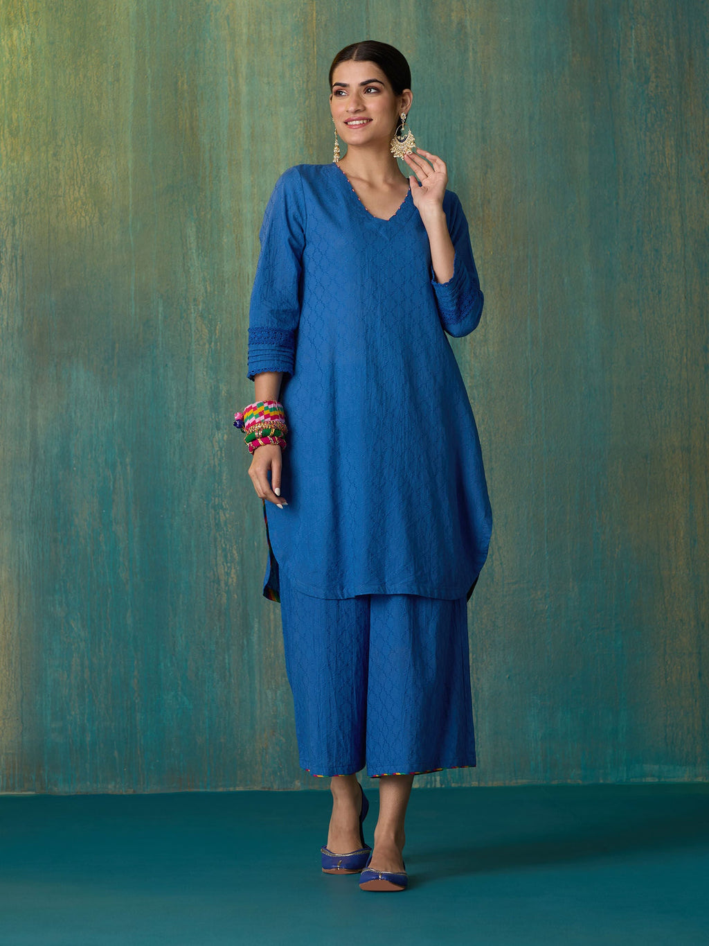 Likha Blue Ethnic Bloom Cotton Dobby with Laces Co-ord Set LIKSKD288 (Set of 2)