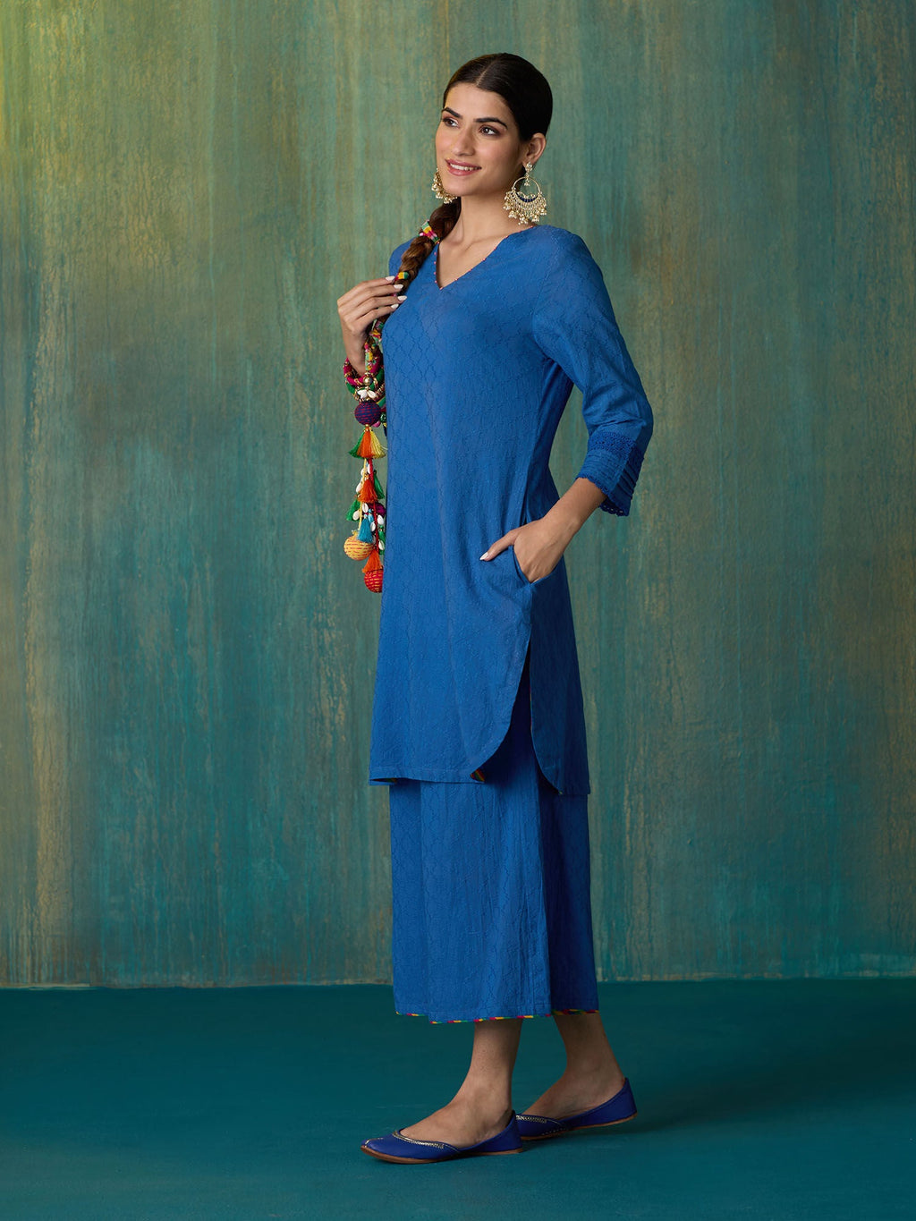 Likha Blue Ethnic Bloom Cotton Dobby with Laces Co-ord Set LIKSKD288 (Set of 2)