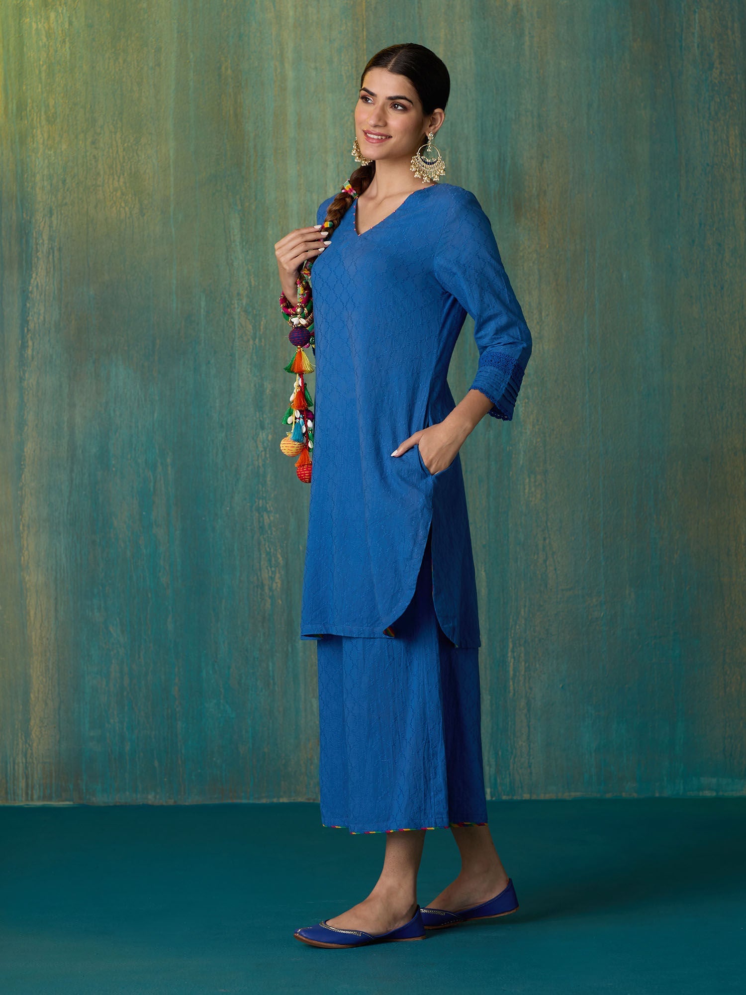 Likha Blue Ethnic Bloom Cotton Dobby with Laces Co-ord Set LIKSKD288 (Set of 2)