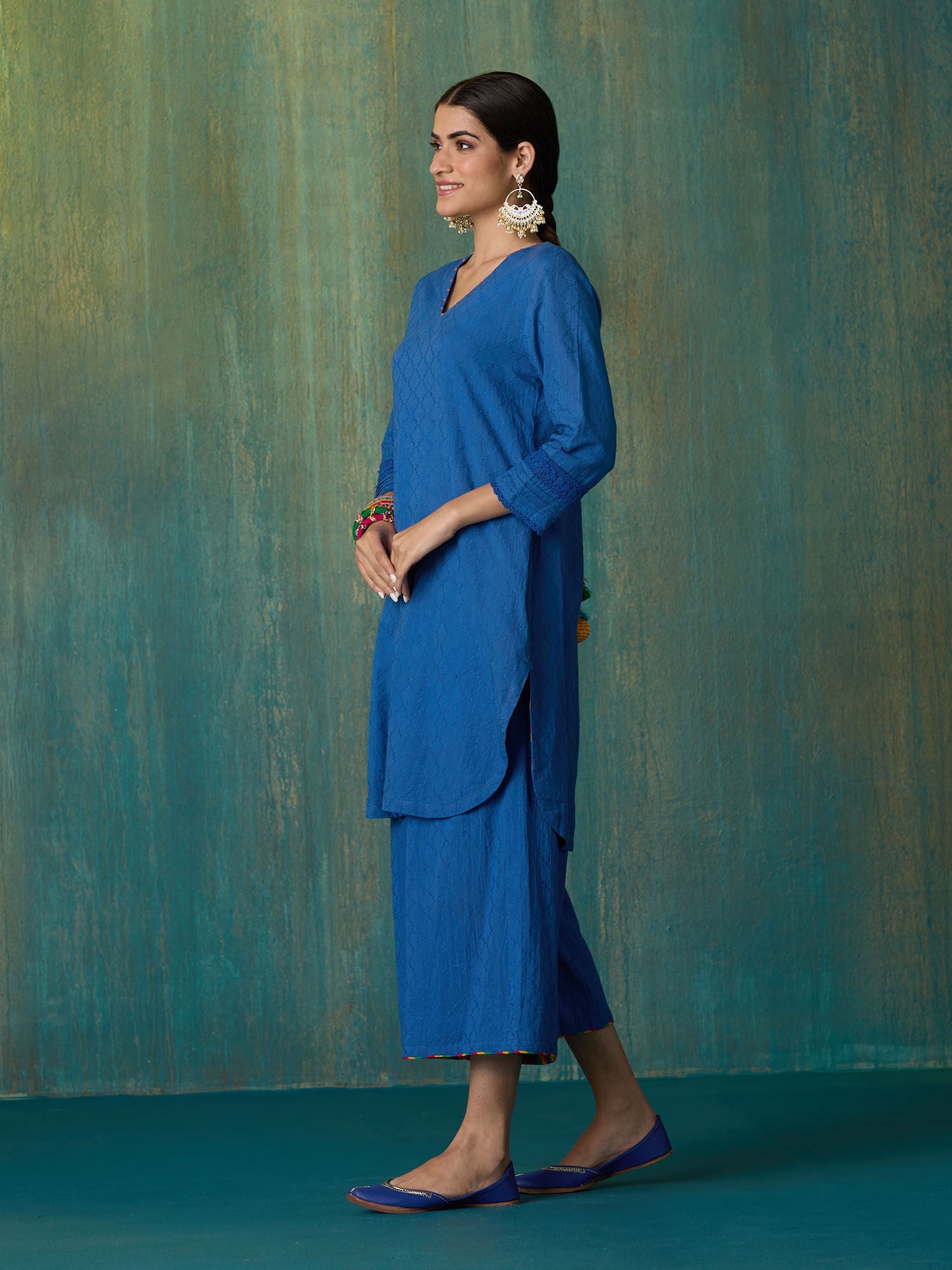 Likha Blue Ethnic Bloom Cotton Dobby with Laces Co-ord Set LIKSKD288 (Set of 2)