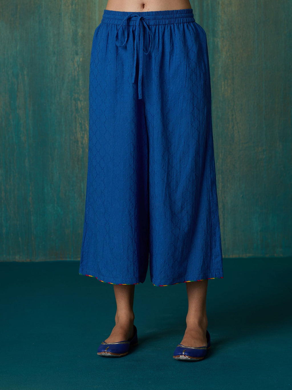Likha Blue Ethnic Bloom Cotton Dobby with Laces Co-ord Set LIKSKD288 (Set of 2)