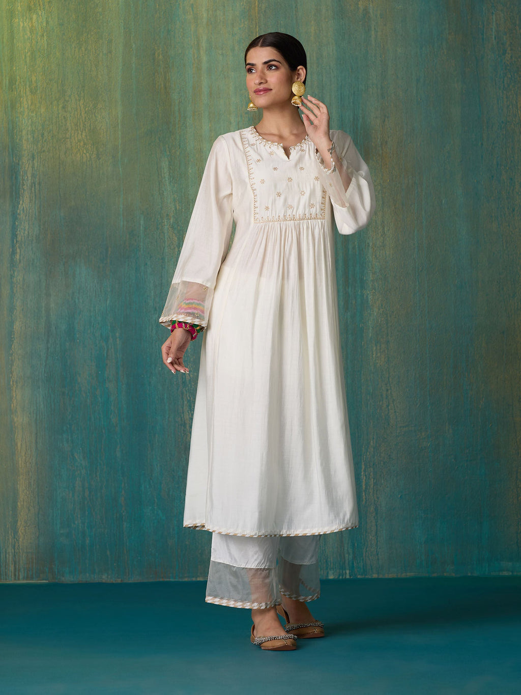 Likha White Tyohar Embroidered Kurta Pant & Organza Dupatta LIKSKD287 (Set of 3) - XL