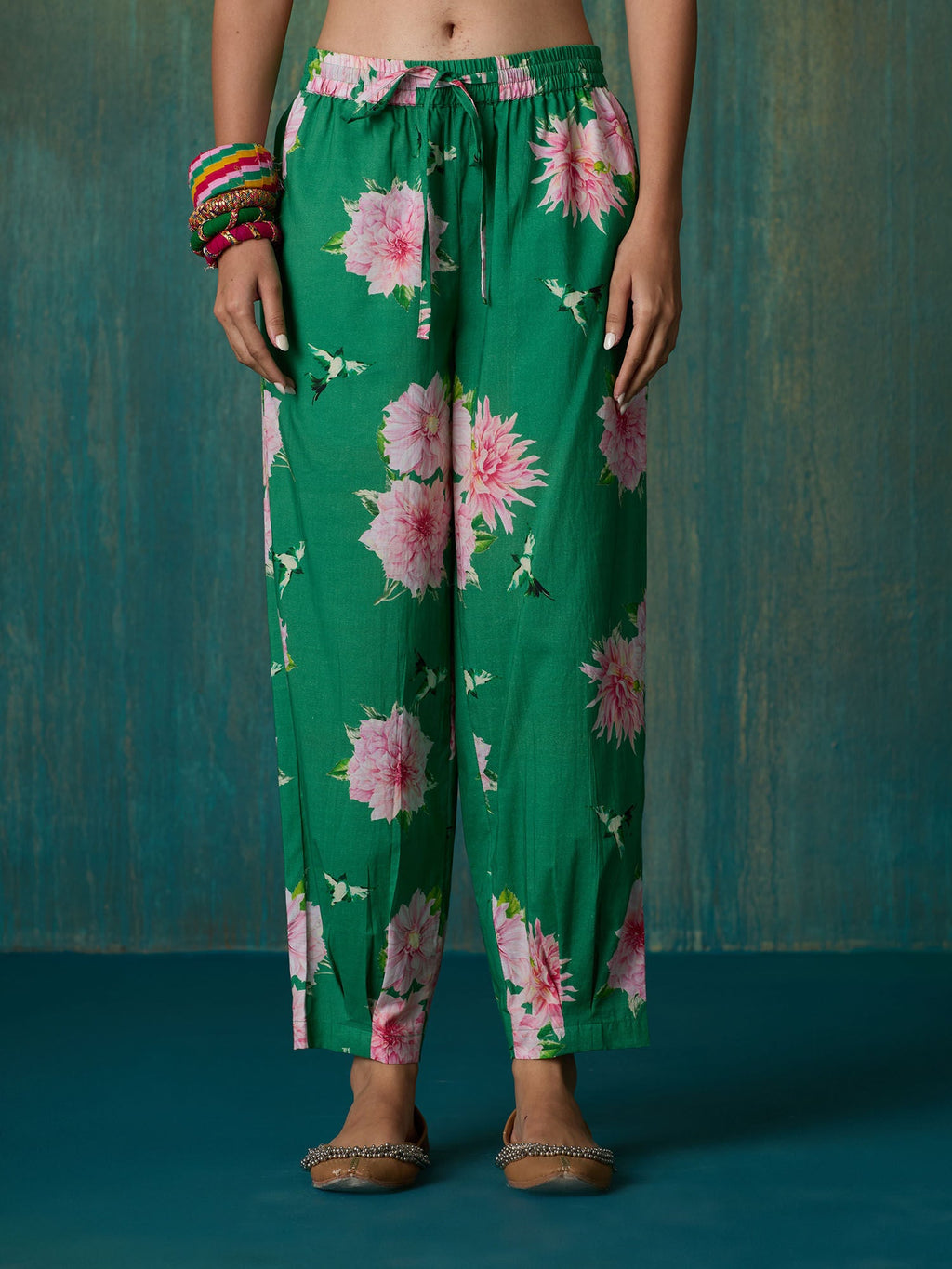 Likha Green Ethnic Bloom Floral Printed with Laces Co-ord Set LIKSKD290 (Set of 2)