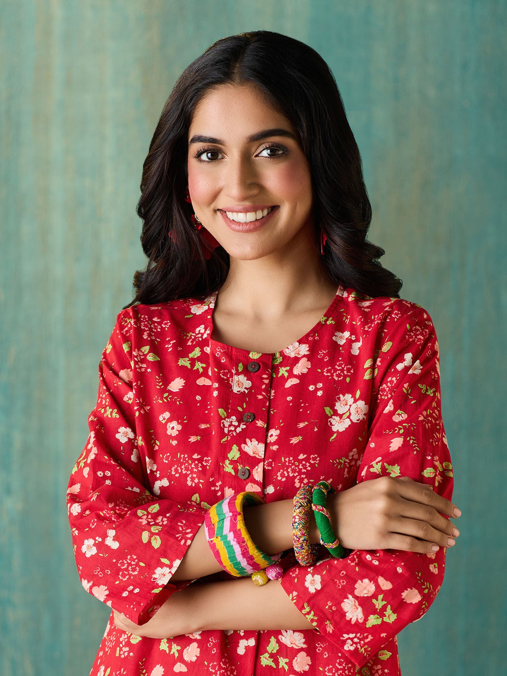 Likha Red Ethnic Bloom Floral Printed Co-ord Set LIKSKD292 (Set of 2)