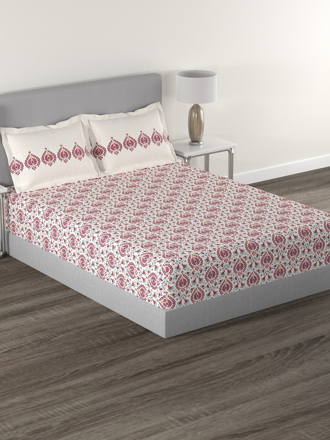 MYTRIDENT White Red Ethnic Motifs 144 TC Cotton Queen Bedsheet With 2 Pillow Covers