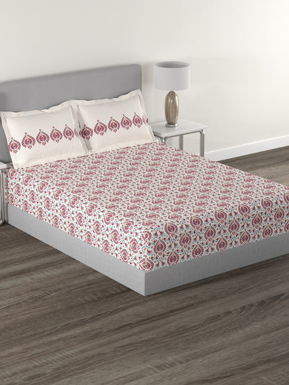 MYTRIDENT White Red Ethnic Motifs 144 TC Cotton Queen Bedsheet With 2 Pillow Covers