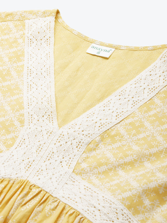Anayna Women Yellow & White Printed Kurta with Trousers