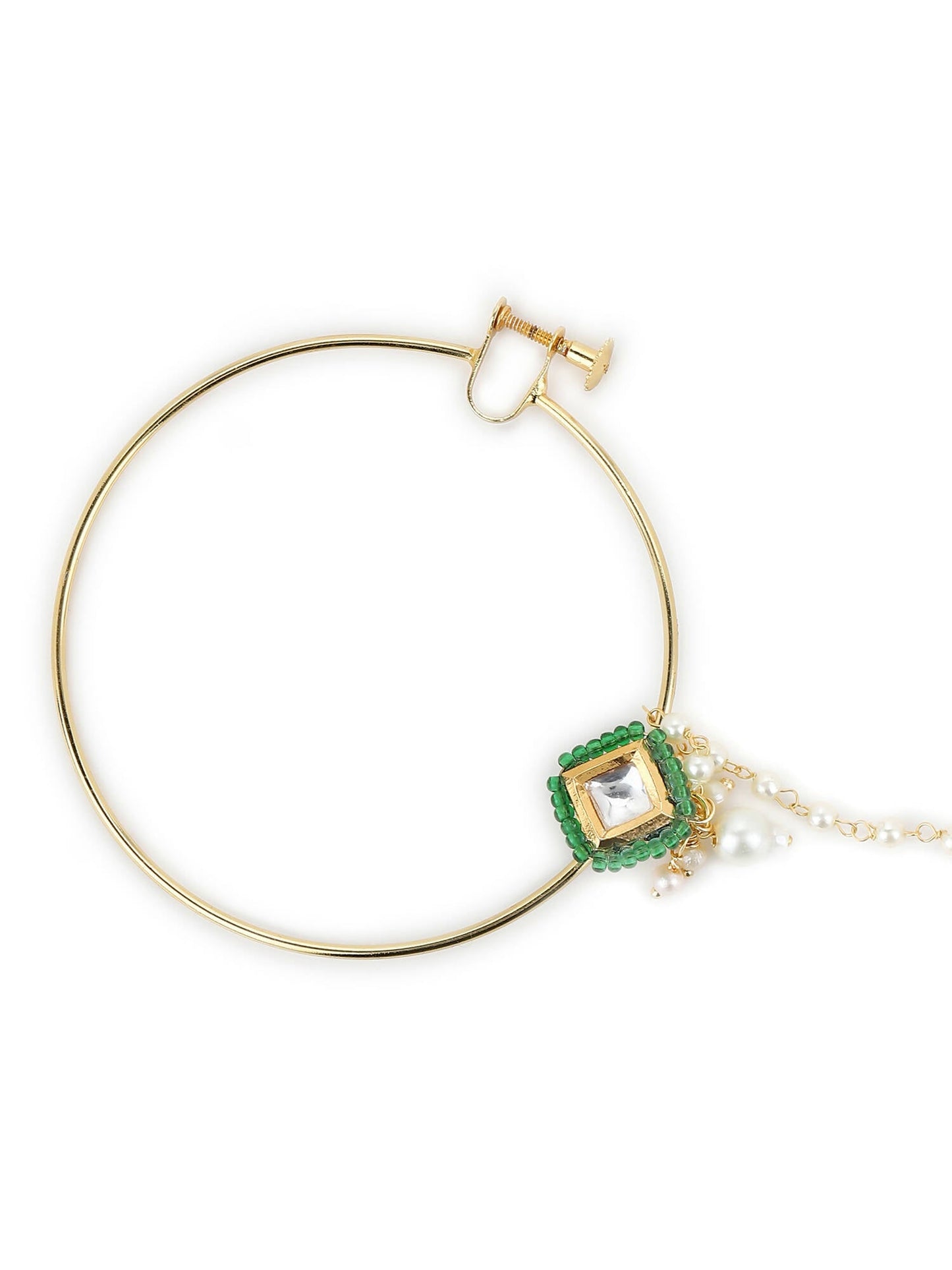 Gold-Polished Green White Kundan Studded Beaded Chained Nosepin - Ruby Raang