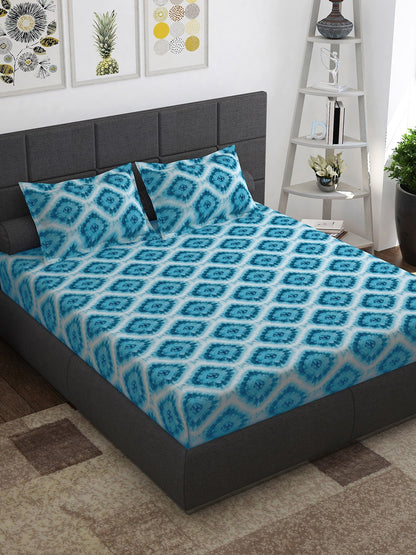 Story@home Blue & Pink Ethnic Motifs Pure Cotton 152TC Queen Bedsheet With 2 Pillow Covers