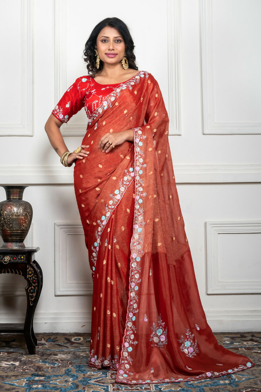 Morchari Rust Red Pure Chiffon Hand Embroidery Saree And Stitched Blouse