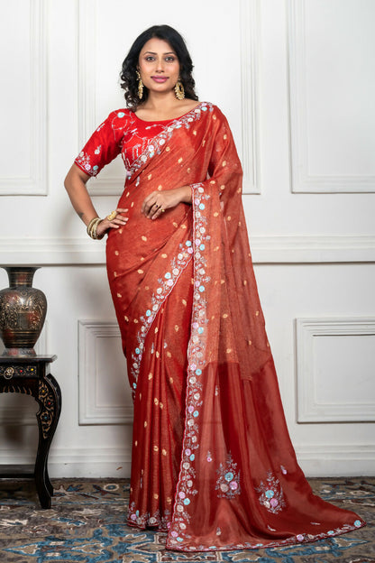Morchari Rust Red Pure Chiffon Hand Embroidery Saree And Stitched Blouse