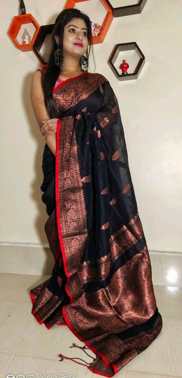 Exclusive Collection Beautiful Linen Banarashi Black Pure Cotton Handloom Saree With Running Blouse Piece