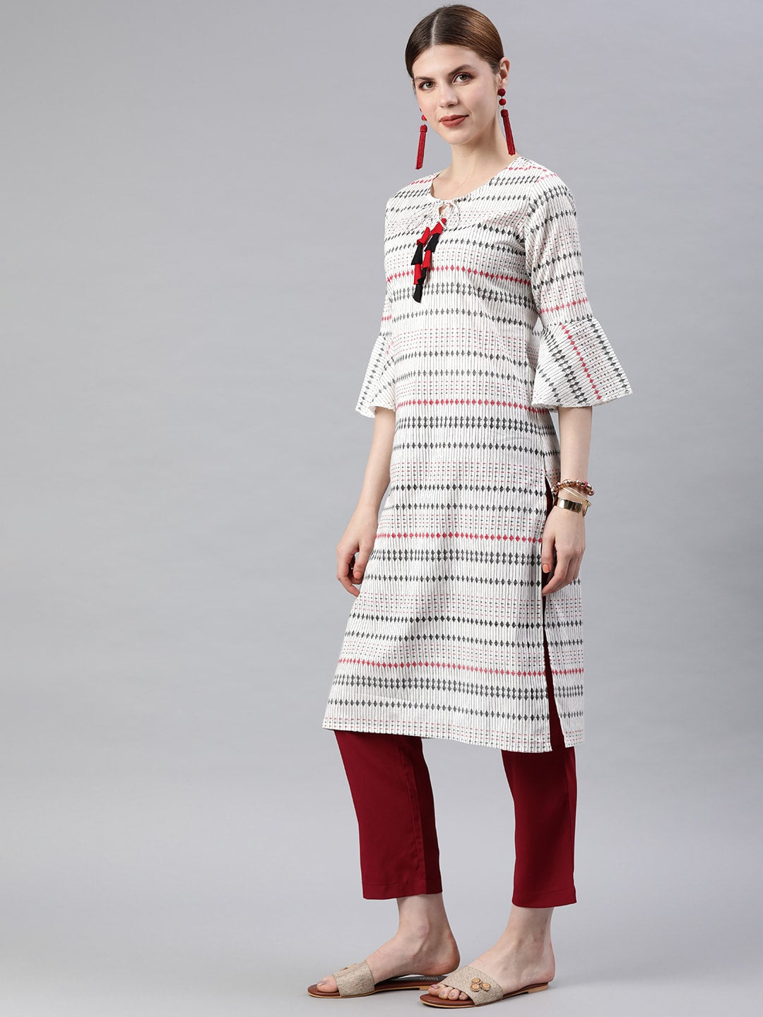 Anubhutee Women White & Black Striped Straight Kurta