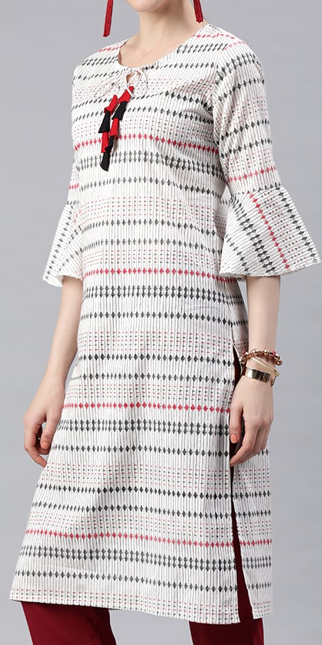 Anubhutee Women White & Black Striped Straight Kurta